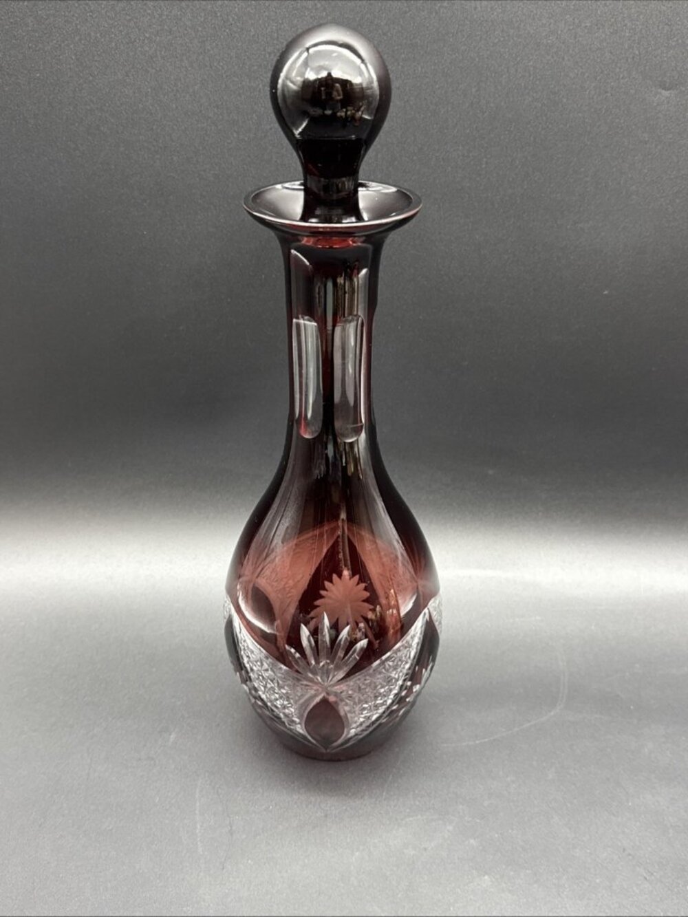 Vintage Decanter Red Ruby Bohemian Cut to Clear Glass With Stopper Barware